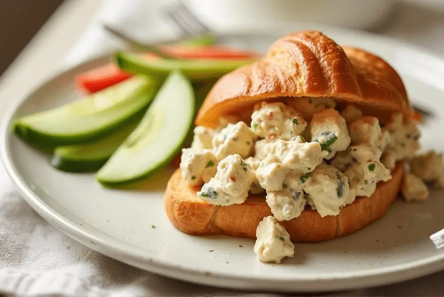 Chicken Salad Chick recipe served on a croissant with a side of fresh vegetables.