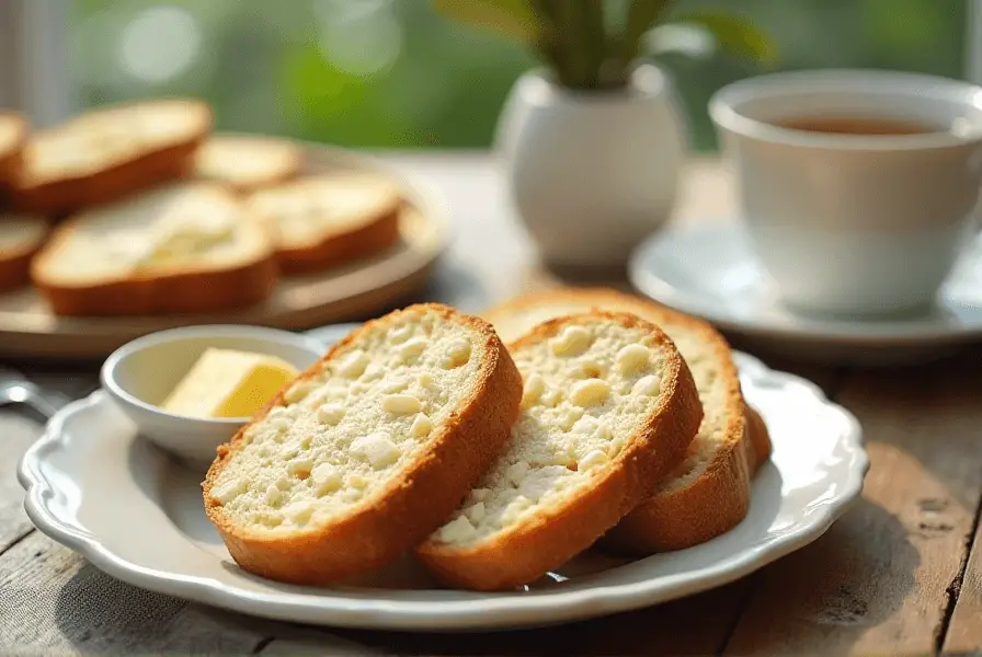Toasted slices of with butter and tea on a breakfast table.