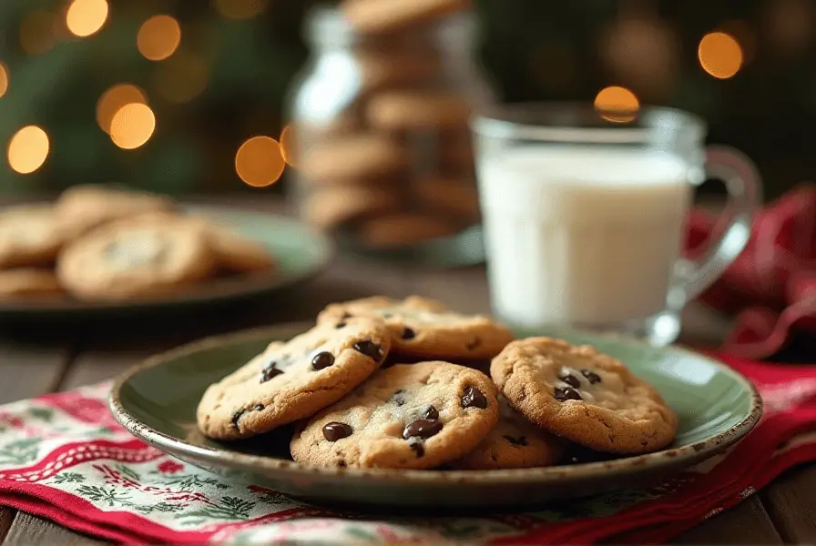 Chocolate chip cookies served with a glass of milk in a festive setting.