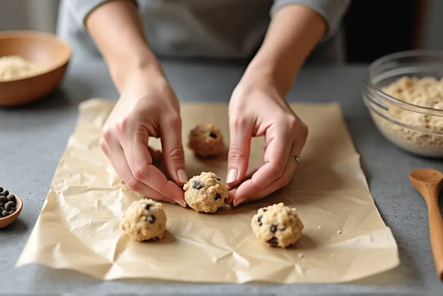 Baker shaping Nestle Oatmeal Chocolate Cookies dough on a parchment-lined baking sheet