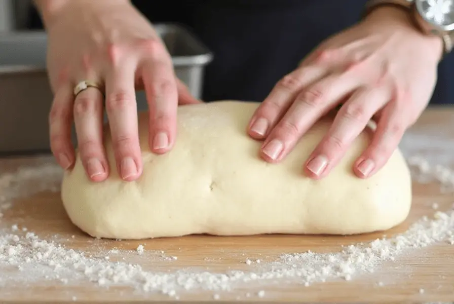 Hands shaping sourdough bread dough on a floured surface with a loaf pan in the background