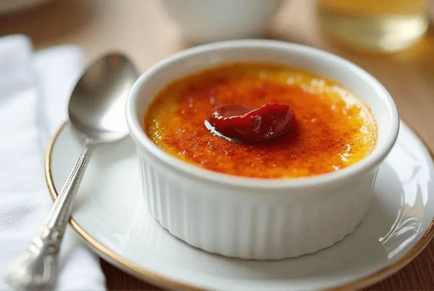 Spoiled crème brûlée with mold and separation