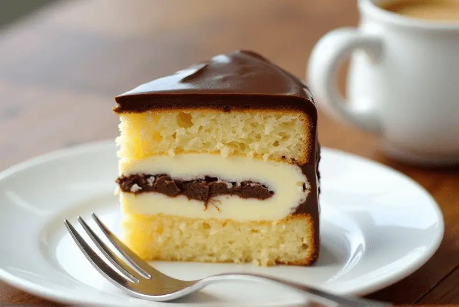 A slice of Boston Cream Cake with visible custard and ganache layers.
