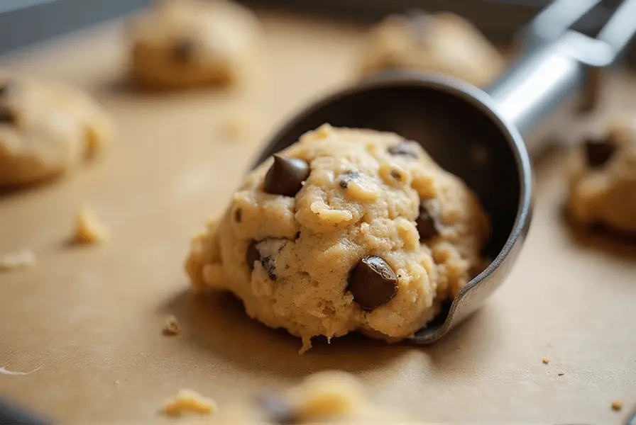 Close-up of Mama kelce cookie recipedough being portioned onto a baking sheet with a cookie scoop.