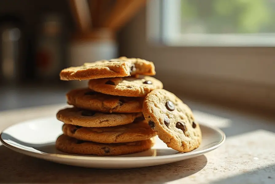 Stack of golden-brown chocolate chip cookies with a half-bitten cookie revealing its crispy texture.