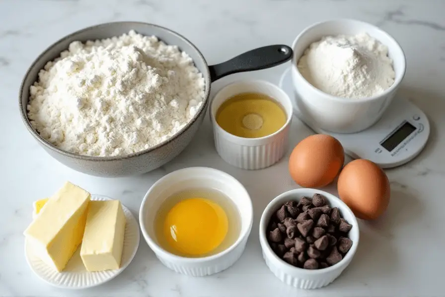 Ingredients for Toll House cookie recipe in grams measured on a countertop.
