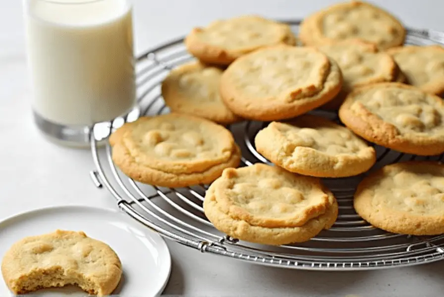 Nestle Toll House cookies cooling on a rack with milk nearby.
