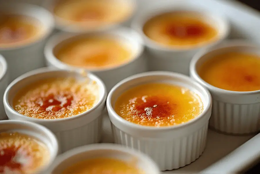 Ramekins of crème brûlée with caramelized tops on a serving table.