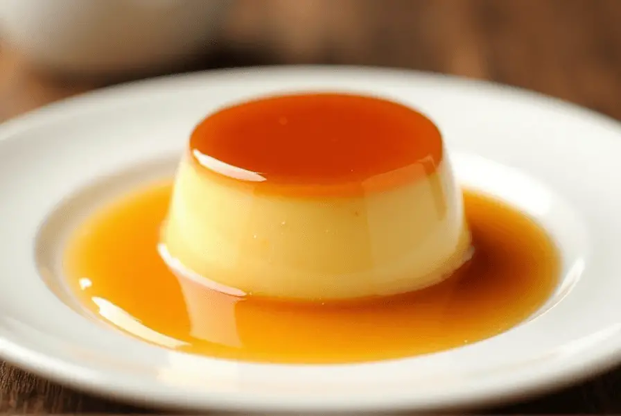 Crème Brûlée vs. Flan Traditional Spanish flan topped with caramel sauce on a white plate.
