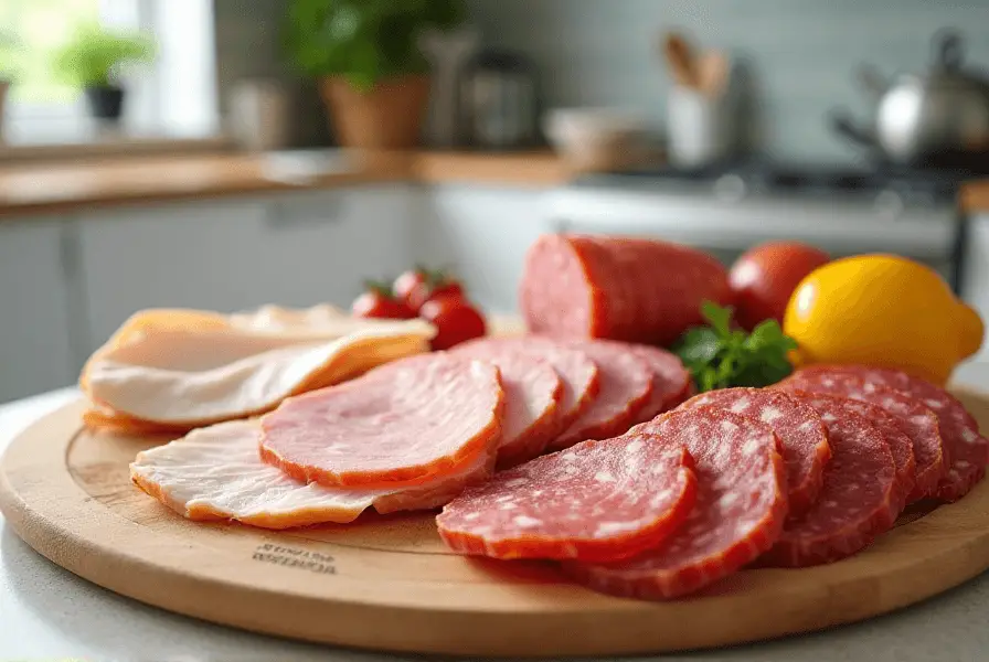 A variety of Can toddlers eat lunchmeat on a cutting board with sodium and nitrate labels.