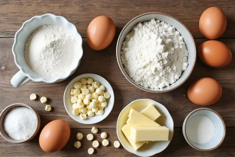White chocolate chip cookie ingredients laid out on a wooden table.