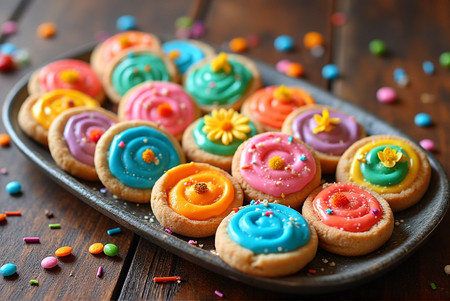 A tray of vibrant, colorful cookies featuring rainbow designs, stained glass effects, and edible flower toppings.