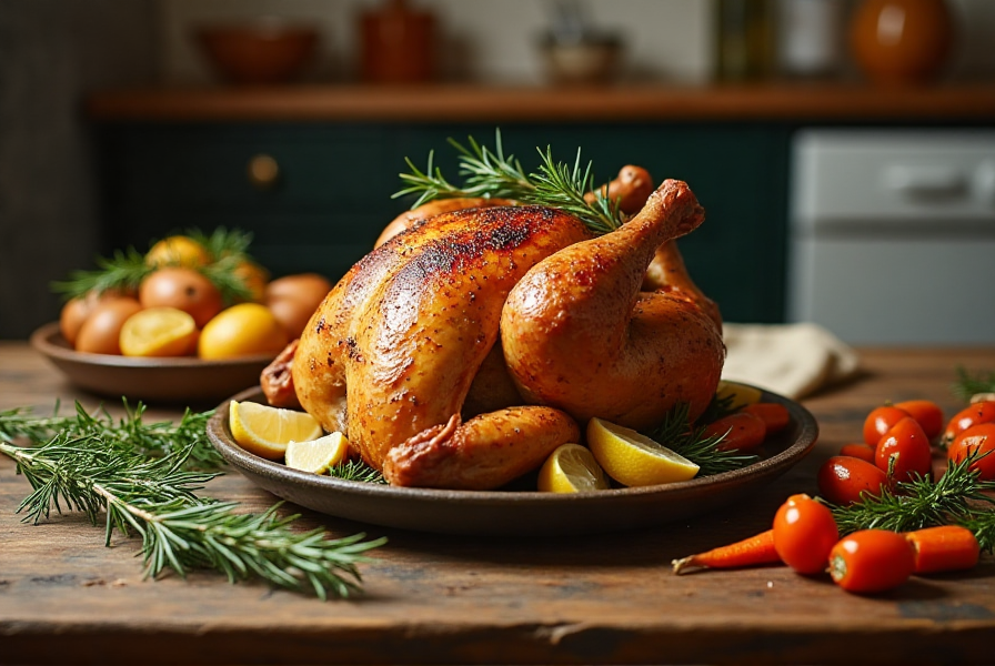 Perfectly roasted chicken with rosemary and vegetables on a wooden table.