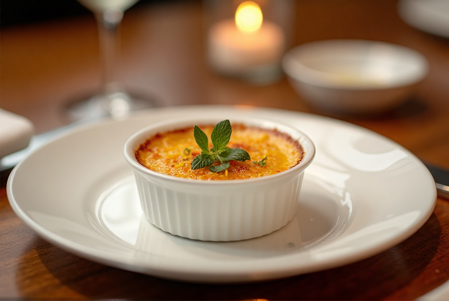 Gourmet crab brûlée in a white ramekin with a golden caramelized crust, garnished with fresh herbs and lemon zest.