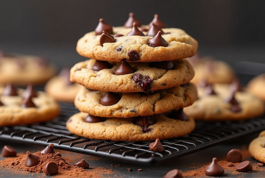 A stack of rich double chocolate chip cookies with melted chocolate.