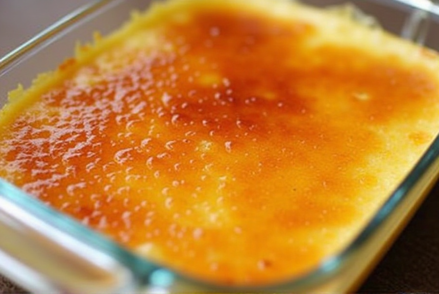 Crème brûlée in a Pyrex dish with caramelized sugar crust