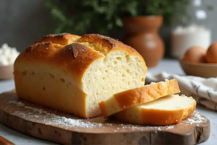 Freshly baked cottage cheese bread sliced on a cutting board, with baking ingredients in a cozy kitchen.