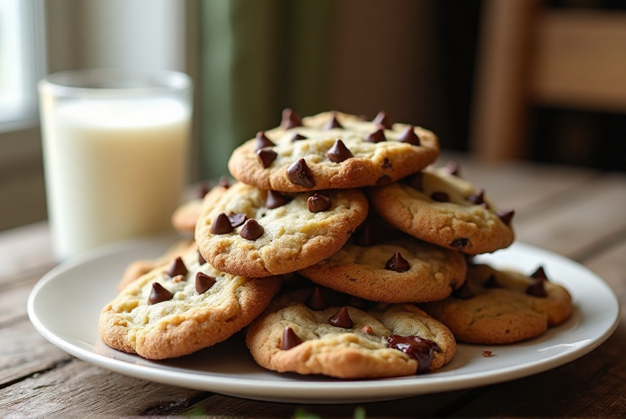 A stack of warm Nestle chocolate chip cookies next to a glass of milk.