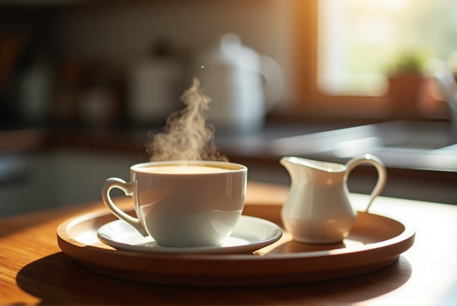 Coffee with half-and-half creamer in a cozy kitchen setup.