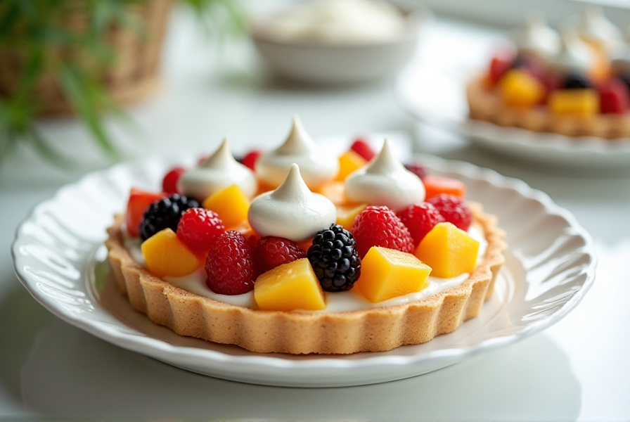 Fruit platter with whipped cream dollops as a healthy dessert option.