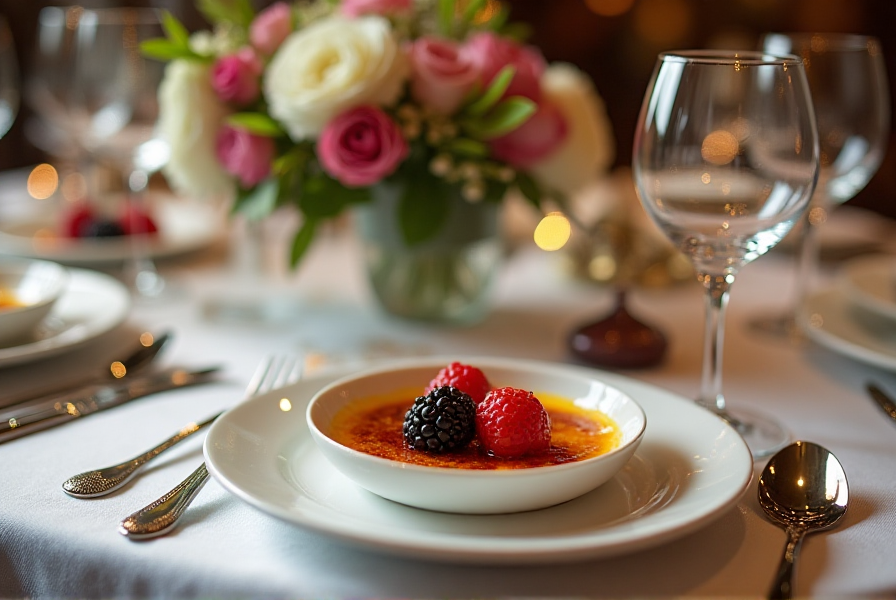 Crème brûlée served as the centerpiece of a luxurious dining table setup.