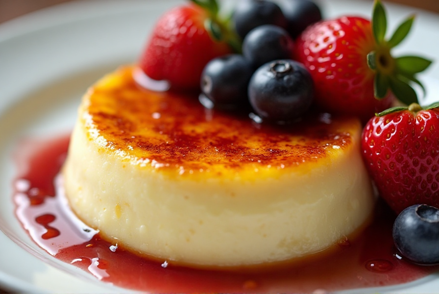 Crème brûlée with caramelized top in a white ramekin