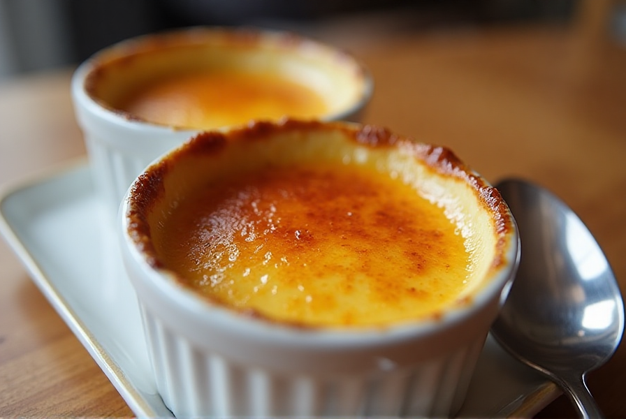 Golden crème brûlée with caramelized sugar crust in a white ramekin.