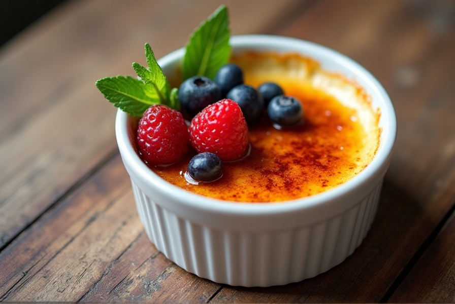 Crème brûlée with caramelized crust garnished with berries and mint.