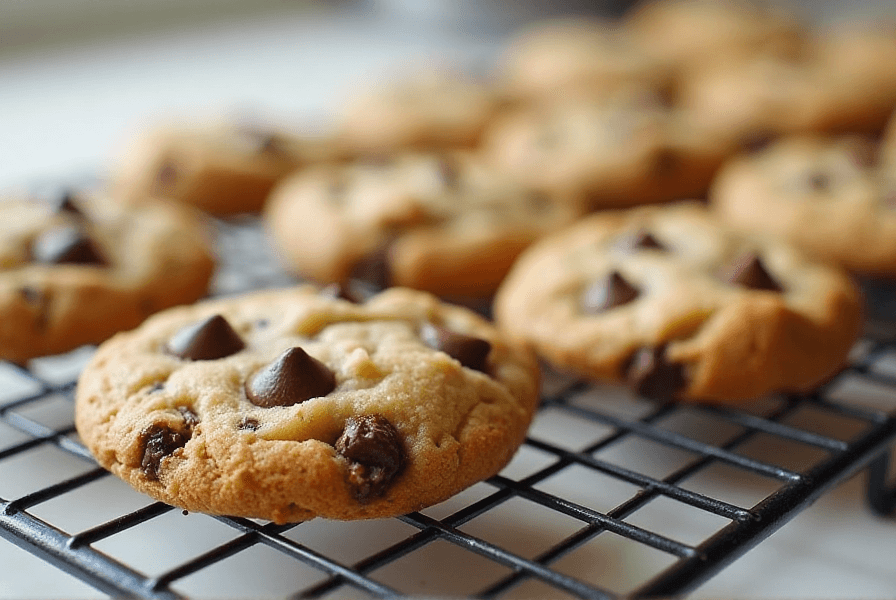 Freshly baked chocolate chip cookies on a wooden counter in a cozy kitchen.