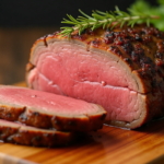 Perfectly roasted beef garnished with rosemary on a wooden platter.