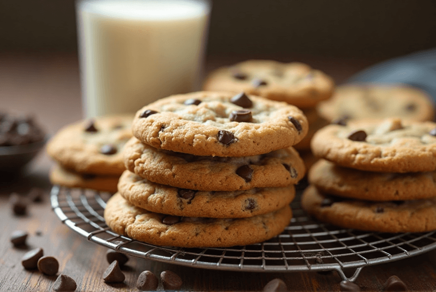 Thin and crispy chocolate chip cookies stacked on a cooling rack with chocolate chips and a glass of milk in the background