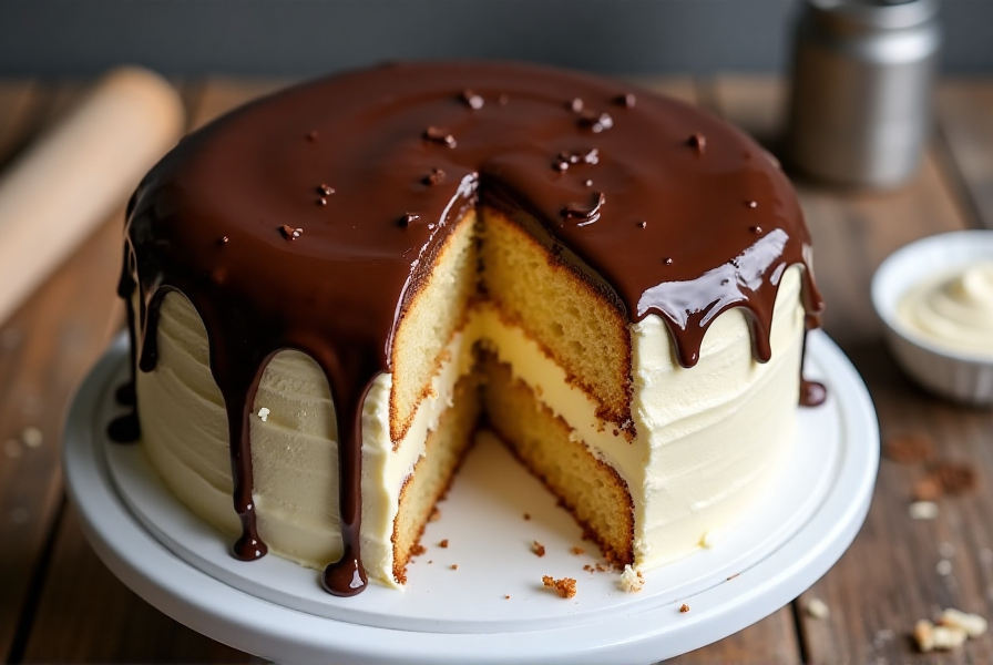 A whole Boston Cream Cake with glossy chocolate ganache and creamy custard filling