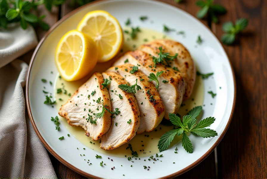 Delicious thin cut chicken breast garnished with herbs and lemon slices