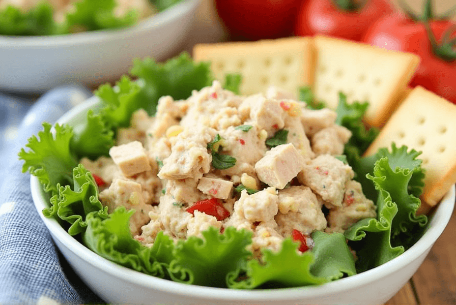 Homemade Chicken Salad Chick recipe served in a bowl with crackers and greens.