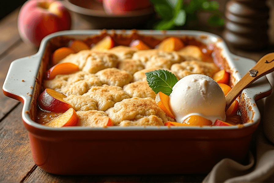 A freshly baked peach cobbler with cake mix in a baking dish, served with vanilla ice cream and garnished with mint.